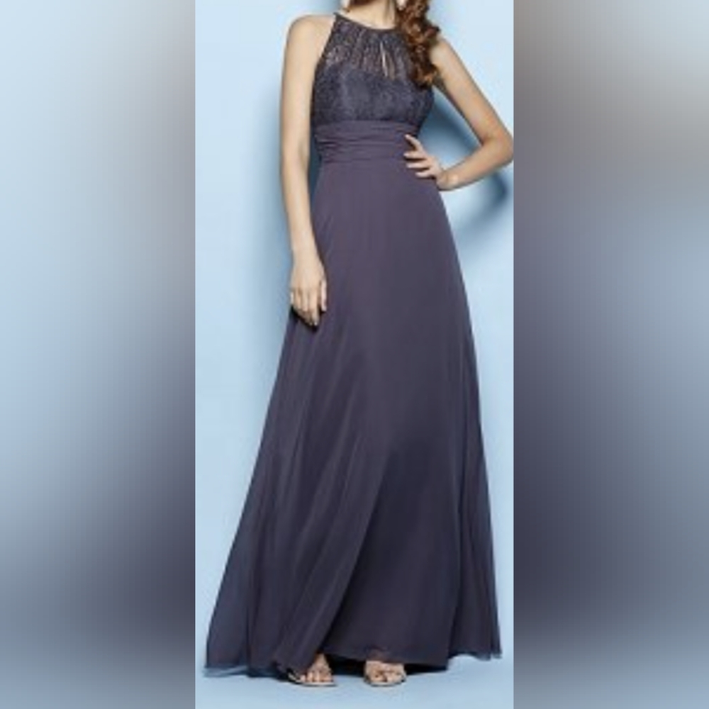 B2Jasmine Cayman Blue 12 Lace Halter Neck Keyhole Back Chiffon Maxi Gown NWT 657